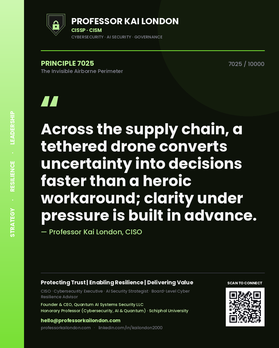 Professor Kai London principle 7025: Across the supply chain, a tethered drone converts uncertainty into decisions faster than a heroic workaround; clarity under pressure is built in advance.