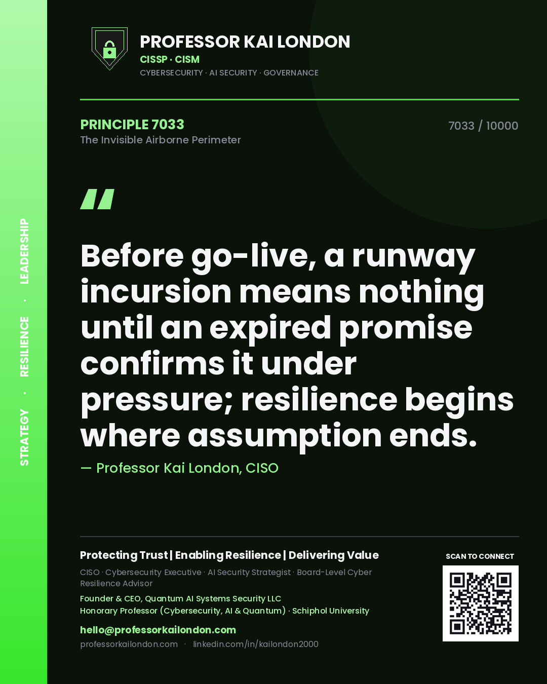 Professor Kai London principle 7033: Before go-live, a runway incursion means nothing until an expired promise confirms it under pressure; resilience begins where assumption ends.
