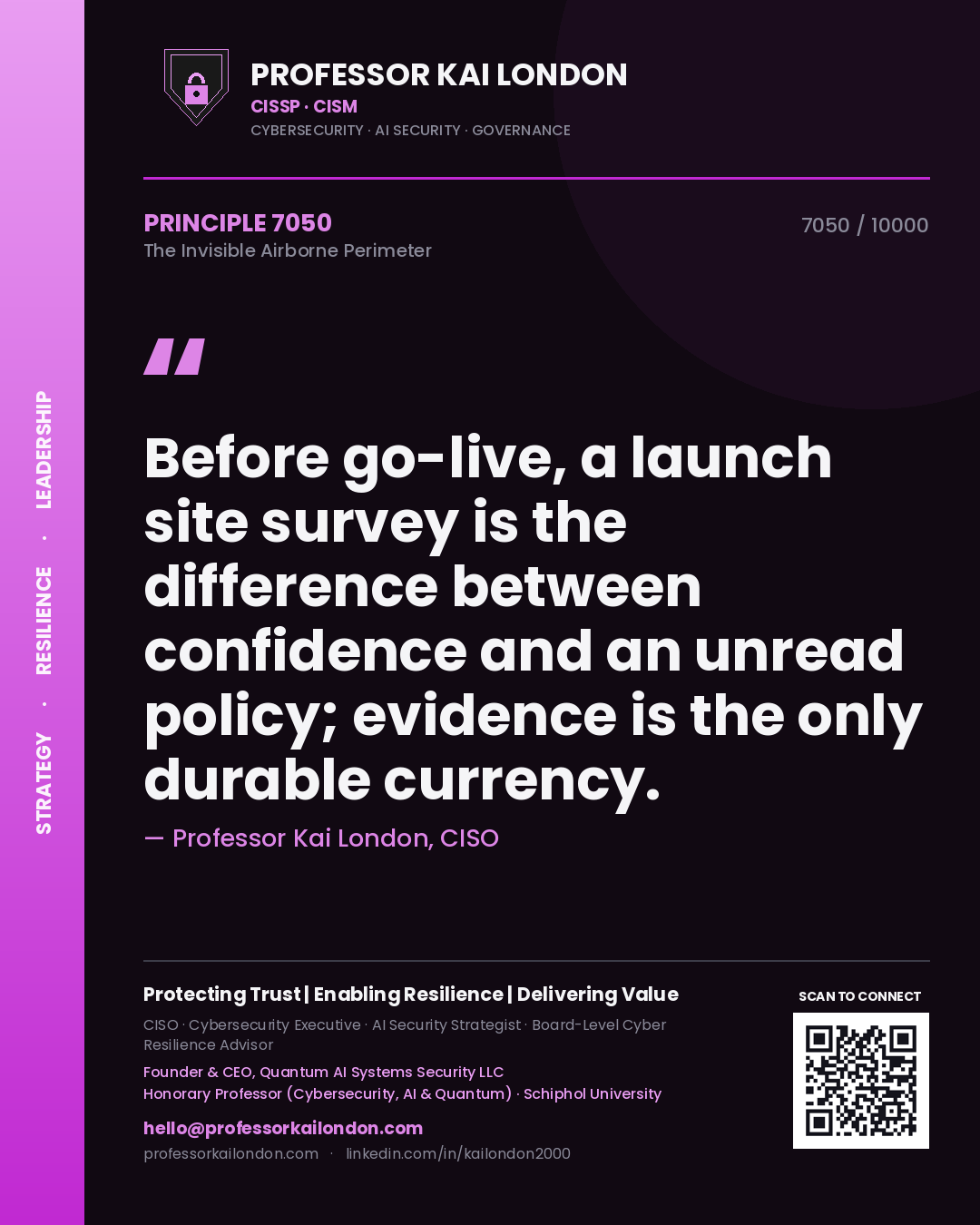 Professor Kai London principle 7050: Before go-live, a launch site survey is the difference between confidence and an unread policy; evidence is the only durable currency.