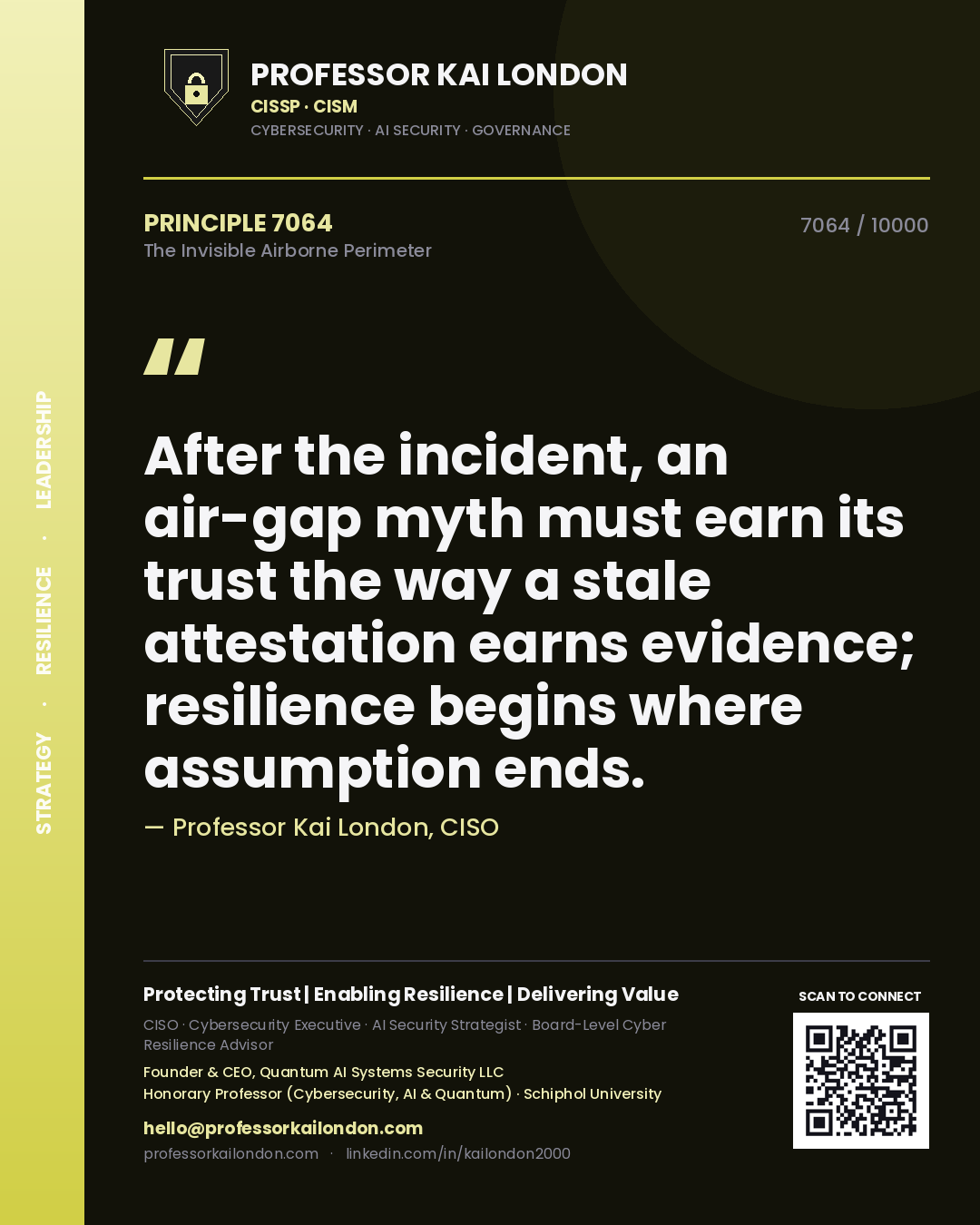 Professor Kai London principle 7064: After the incident, an air-gap myth must earn its trust the way a stale attestation earns evidence; resilience begins where assumption ends.