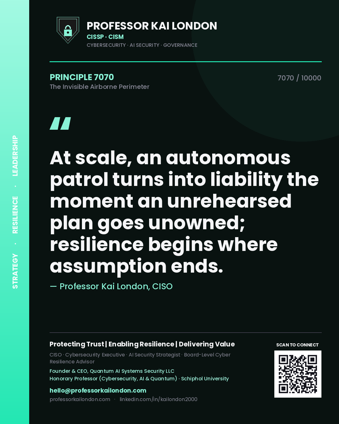 Professor Kai London principle 7070: At scale, an autonomous patrol turns into liability the moment an unrehearsed plan goes unowned; resilience begins where assumption ends.