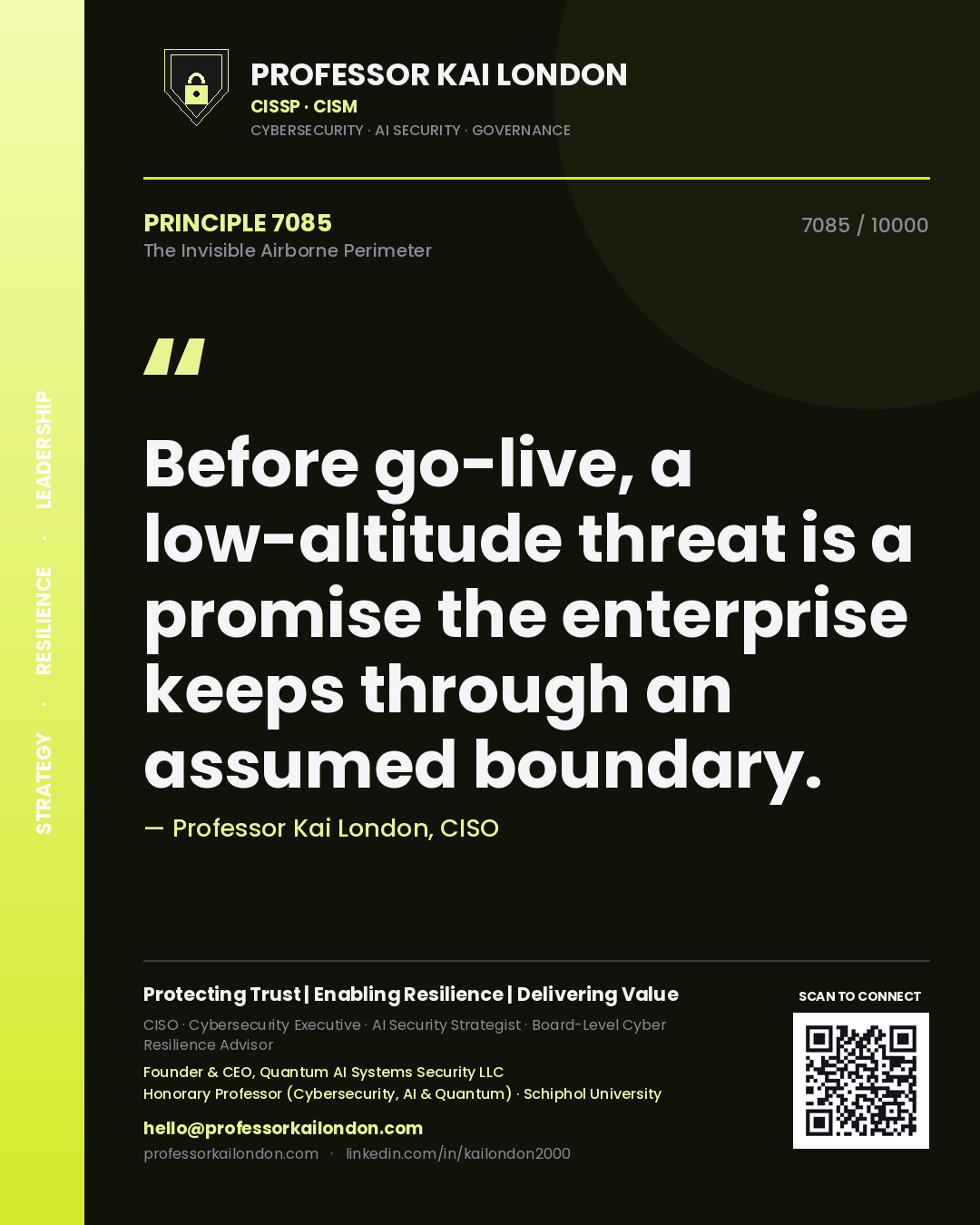 Professor Kai London principle 7085: Before go-live, a low-altitude threat is a promise the enterprise keeps through an assumed boundary.