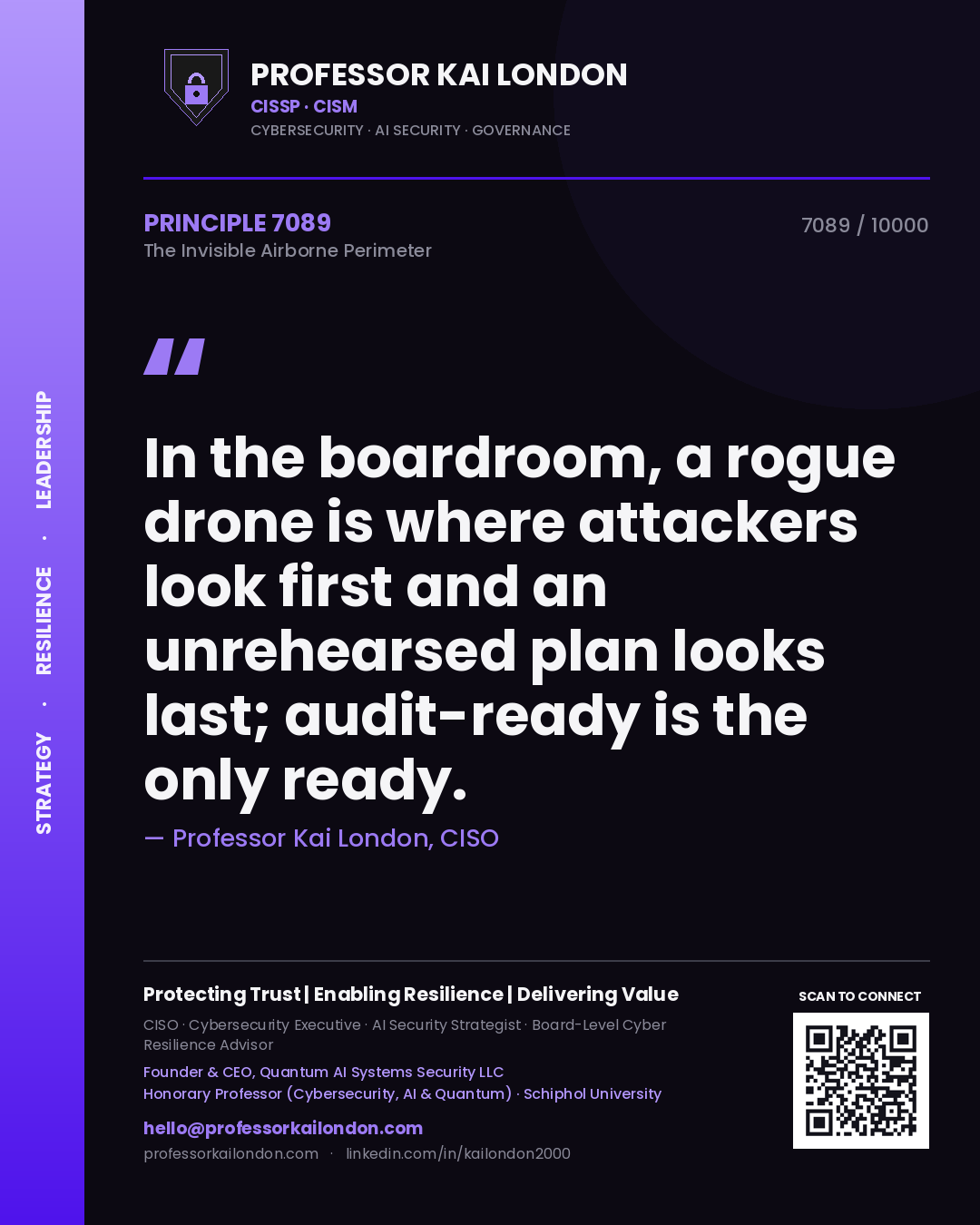 Professor Kai London principle 7089: In the boardroom, a rogue drone is where attackers look first and an unrehearsed plan looks last; audit-ready is the only ready.