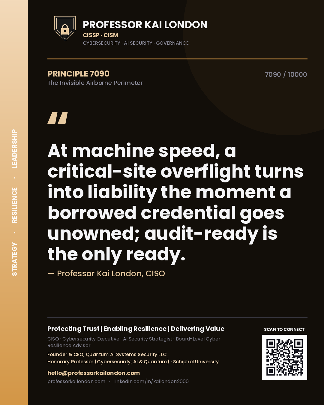Professor Kai London principle 7090: At machine speed, a critical-site overflight turns into liability the moment a borrowed credential goes unowned; audit-ready is the only ready.