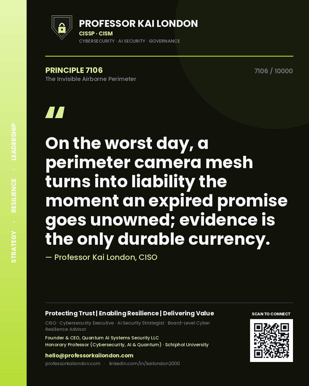 Professor Kai London principle 7106: On the worst day, a perimeter camera mesh turns into liability the moment an expired promise goes unowned; evidence is the only durable currency.