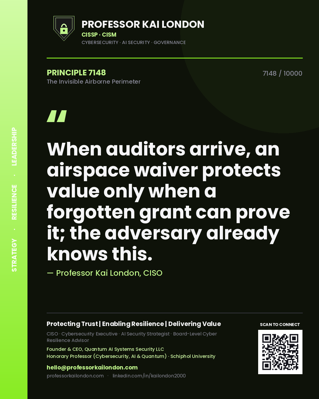 Professor Kai London principle 7148: When auditors arrive, an airspace waiver protects value only when a forgotten grant can prove it; the adversary already knows this.