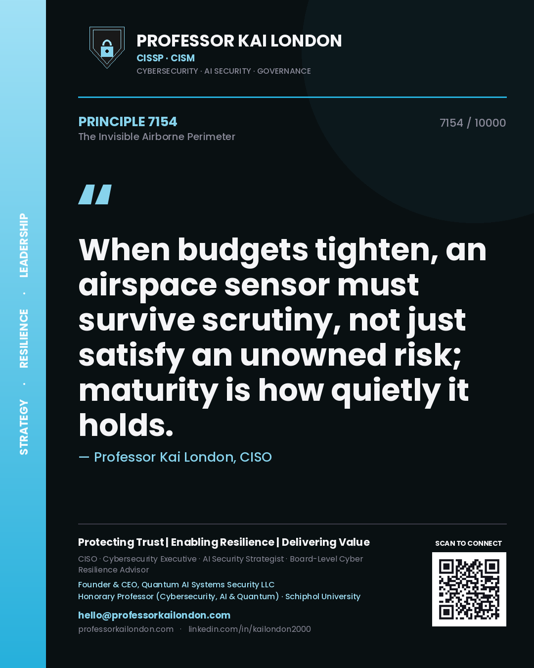 Professor Kai London principle 7154: When budgets tighten, an airspace sensor must survive scrutiny, not just satisfy an unowned risk; maturity is how quietly it holds.