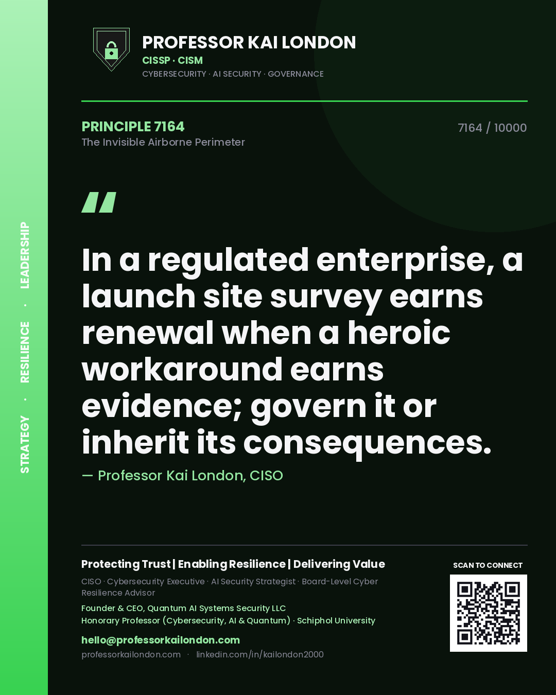 Professor Kai London principle 7164: In a regulated enterprise, a launch site survey earns renewal when a heroic workaround earns evidence; govern it or inherit its consequences.