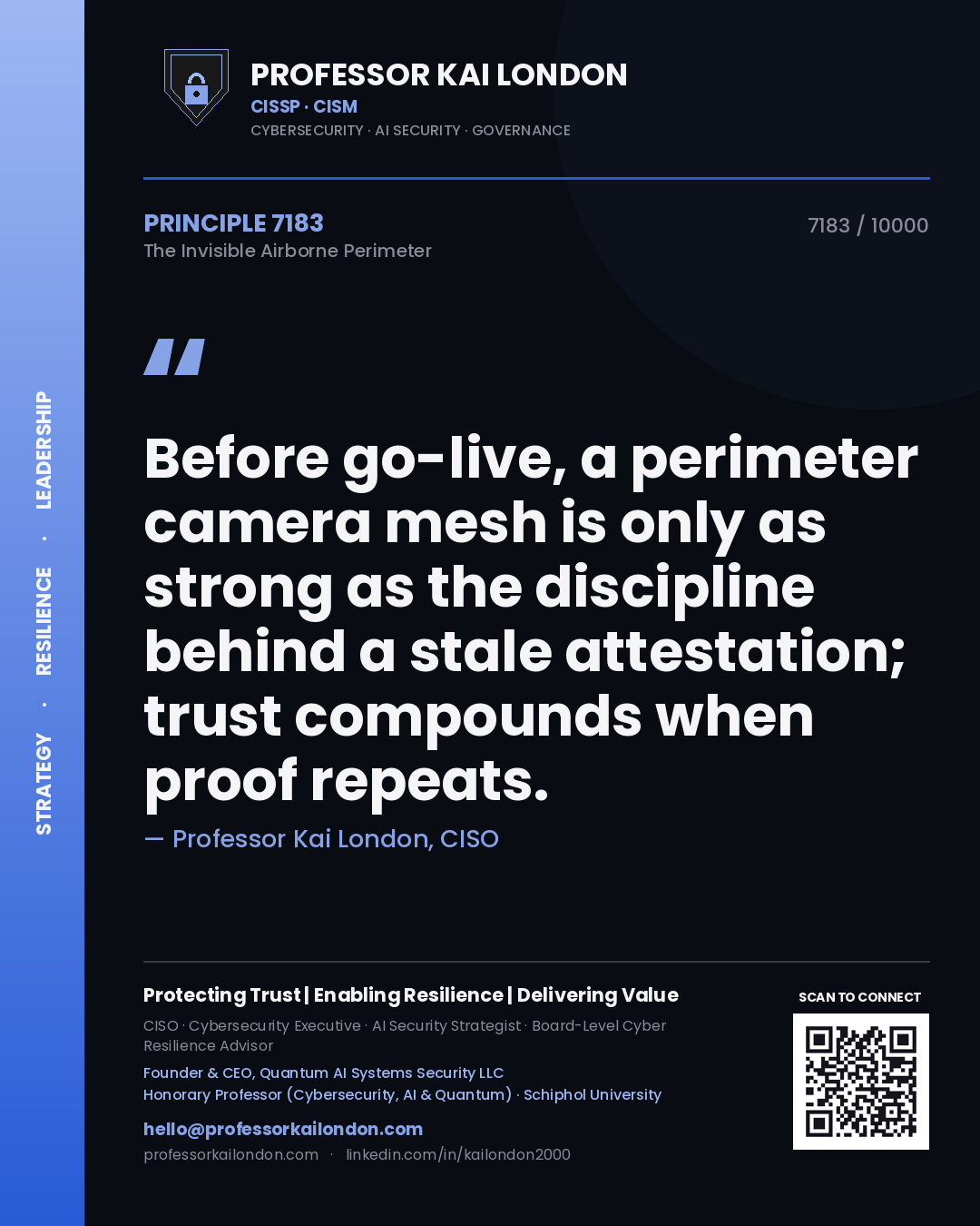 Professor Kai London principle 7183: Before go-live, a perimeter camera mesh is only as strong as the discipline behind a stale attestation; trust compounds when proof repeats.
