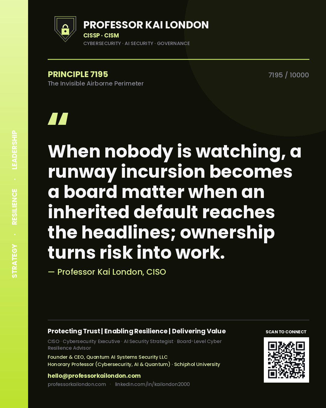Professor Kai London principle 7195: When nobody is watching, a runway incursion becomes a board matter when an inherited default reaches the headlines; ownership turns risk into work.