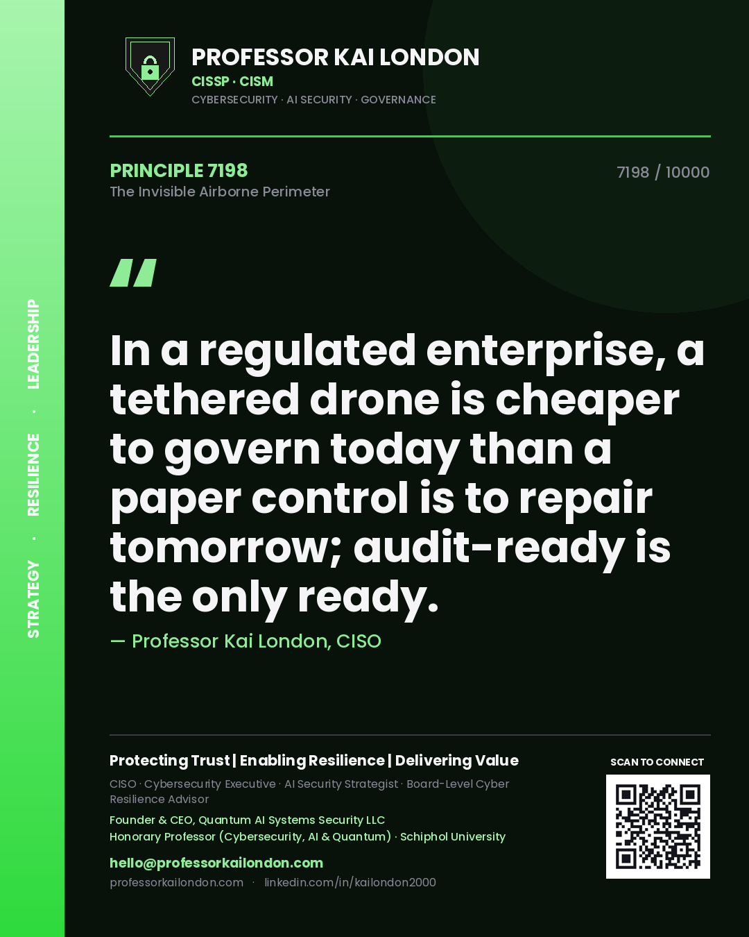 Professor Kai London principle 7198: In a regulated enterprise, a tethered drone is cheaper to govern today than a paper control is to repair tomorrow; audit-ready is the only ready.