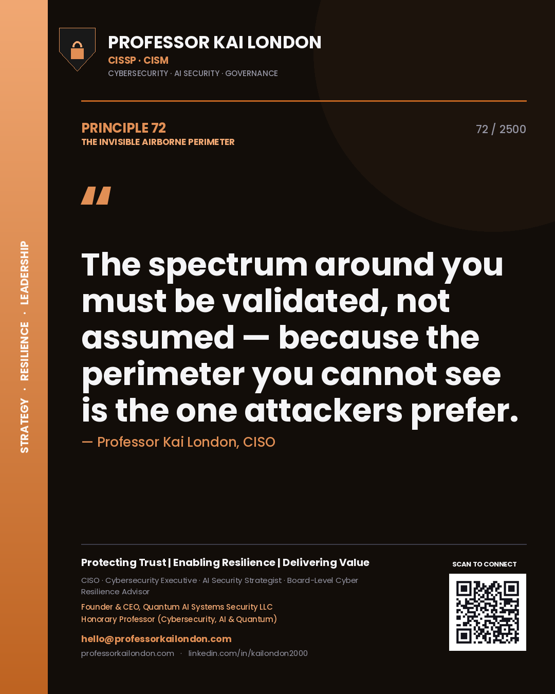Professor Kai London principle 72: The spectrum around you must be validated, not assumed — because the perimeter you cannot see is the one attackers prefer.