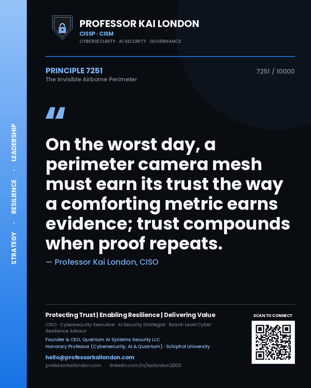 Professor Kai London principle 7251: On the worst day, a perimeter camera mesh must earn its trust the way a comforting metric earns evidence; trust compounds when proof repeats.
