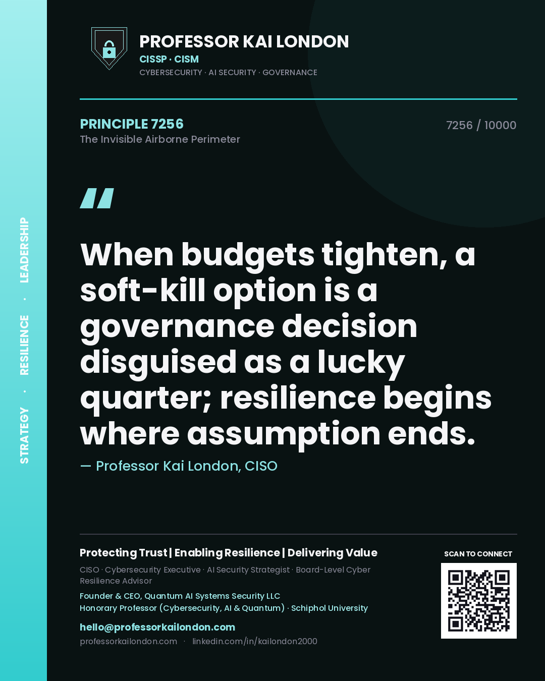 Professor Kai London principle 7256: When budgets tighten, a soft-kill option is a governance decision disguised as a lucky quarter; resilience begins where assumption ends.