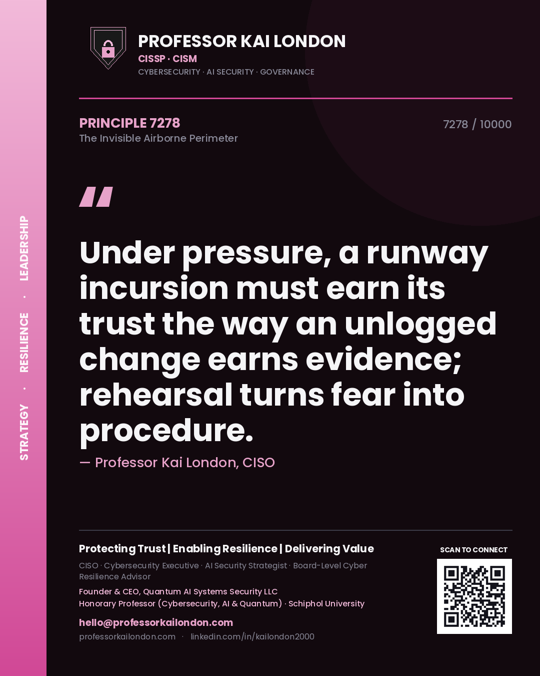 Professor Kai London principle 7278: Under pressure, a runway incursion must earn its trust the way an unlogged change earns evidence; rehearsal turns fear into procedure.