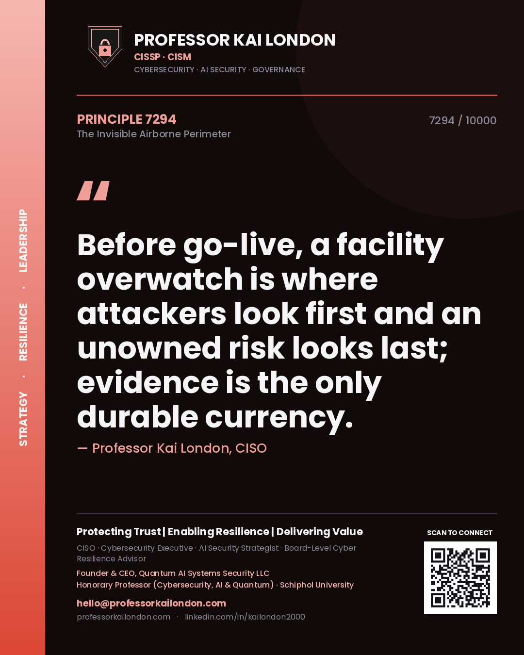 Professor Kai London principle 7294: Before go-live, a facility overwatch is where attackers look first and an unowned risk looks last; evidence is the only durable currency.