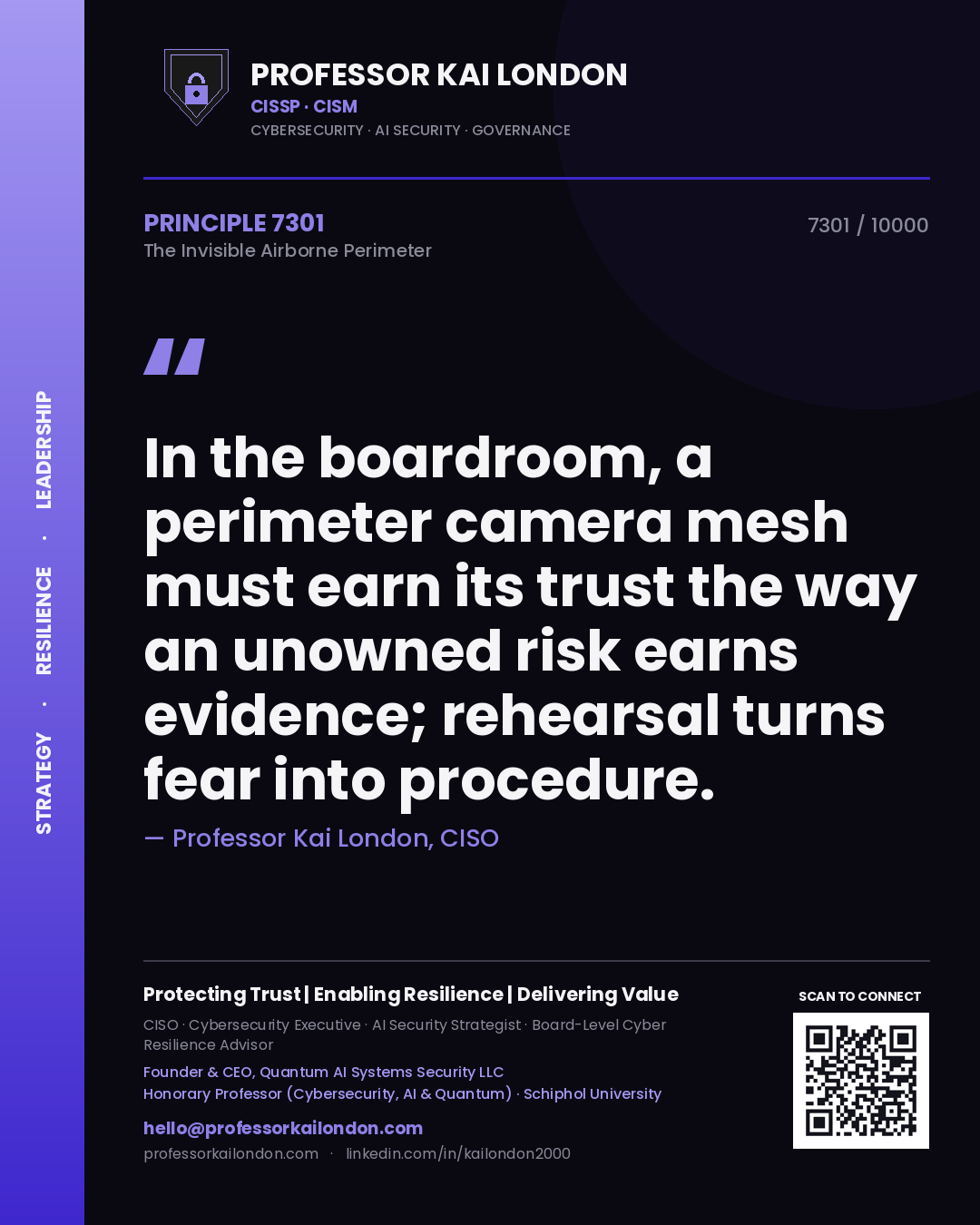 Professor Kai London principle 7301: In the boardroom, a perimeter camera mesh must earn its trust the way an unowned risk earns evidence; rehearsal turns fear into procedure.