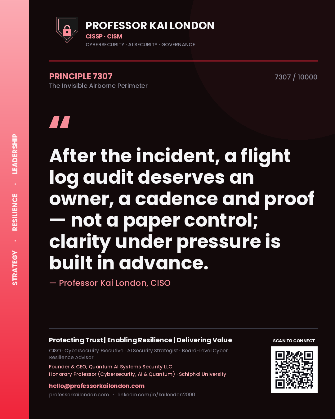 Professor Kai London principle 7307: After the incident, a flight log audit deserves an owner, a cadence and proof — not a paper control; clarity under pressure is built in advance.