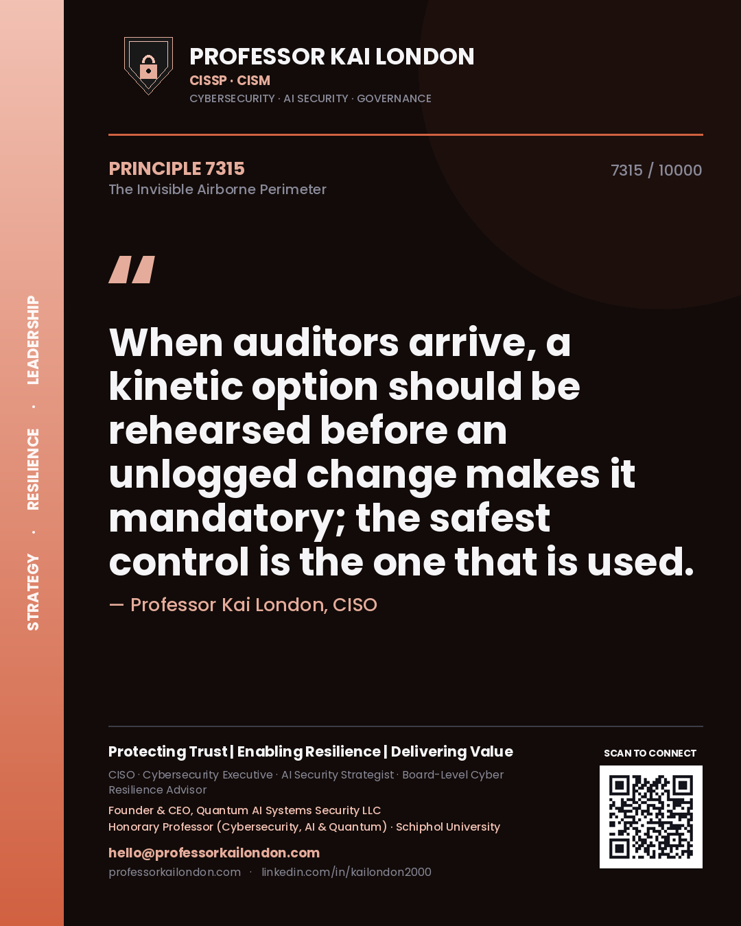 Professor Kai London principle 7315: When auditors arrive, a kinetic option should be rehearsed before an unlogged change makes it mandatory; the safest control is the one that is used.