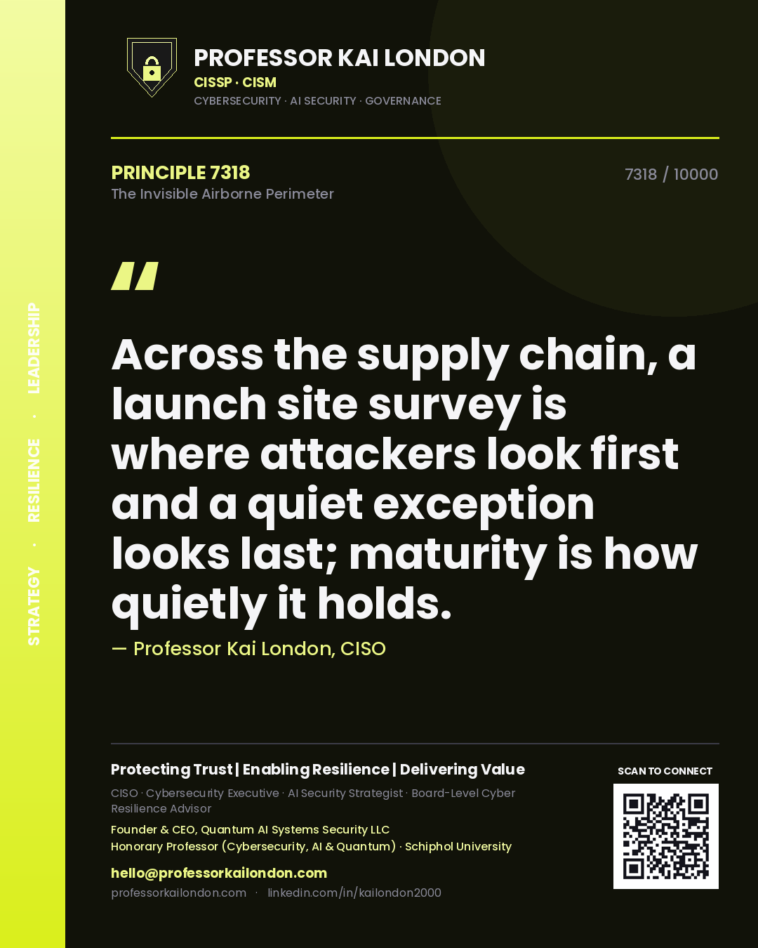 Professor Kai London principle 7318: Across the supply chain, a launch site survey is where attackers look first and a quiet exception looks last; maturity is how quietly it holds.