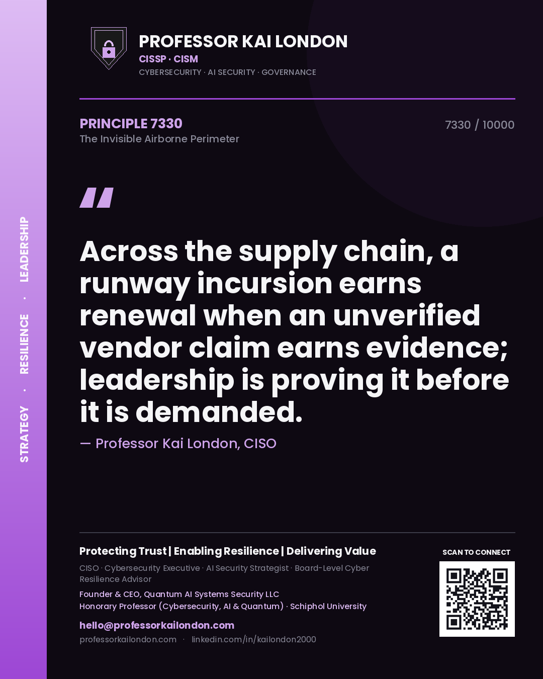Professor Kai London principle 7330: Across the supply chain, a runway incursion earns renewal when an unverified vendor claim earns evidence; leadership is proving it before it is demanded.