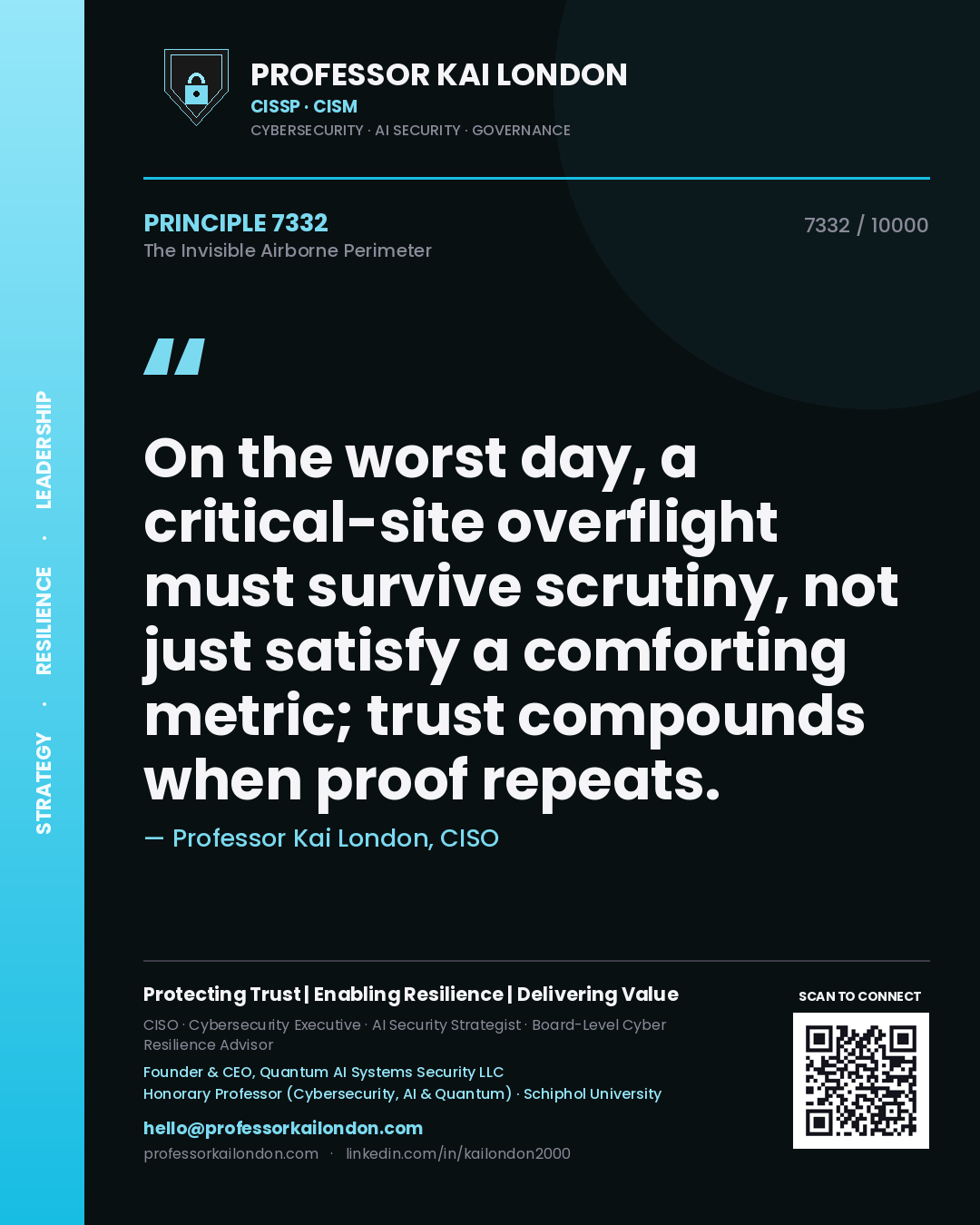 Professor Kai London principle 7332: On the worst day, a critical-site overflight must survive scrutiny, not just satisfy a comforting metric; trust compounds when proof repeats.
