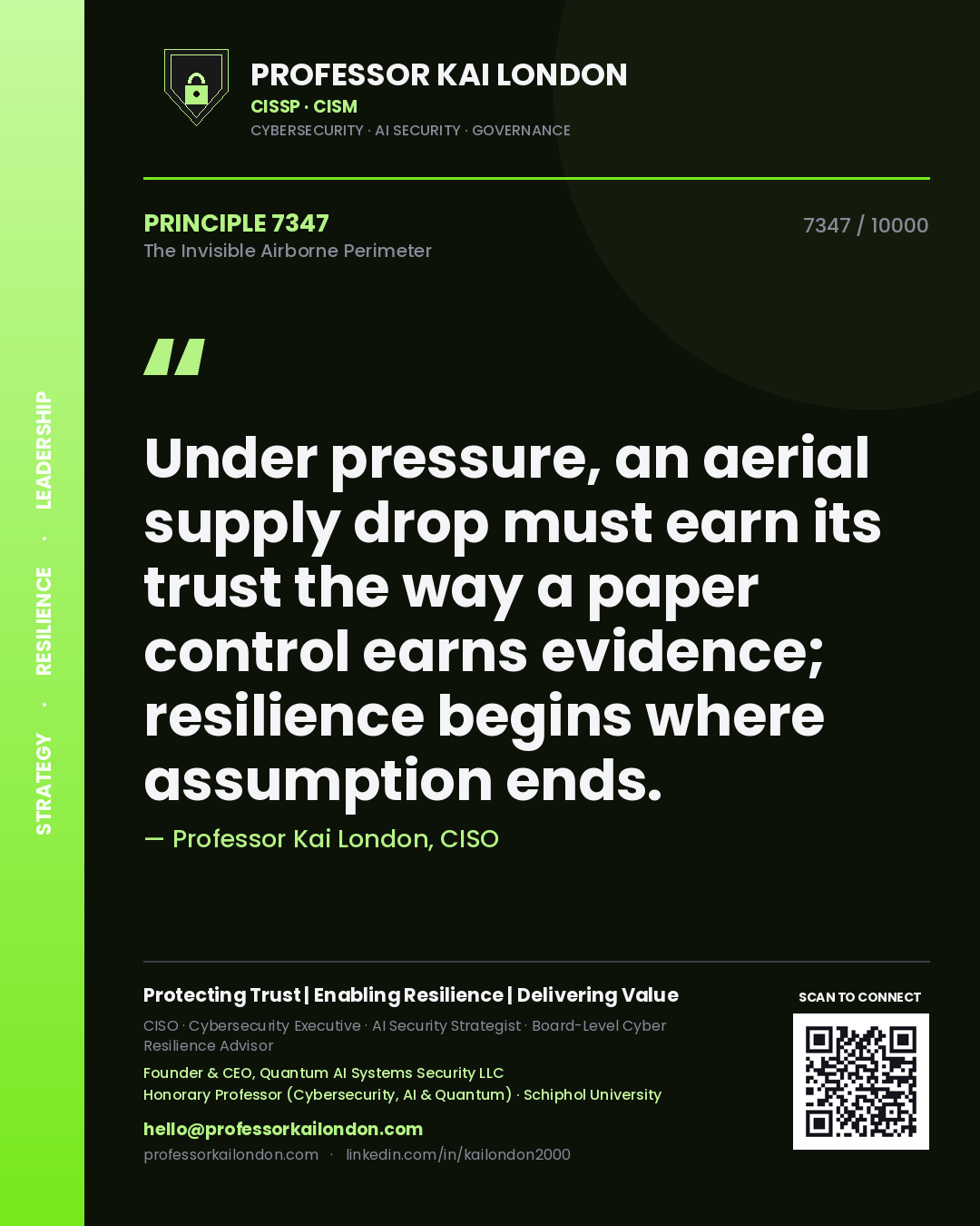 Professor Kai London principle 7347: Under pressure, an aerial supply drop must earn its trust the way a paper control earns evidence; resilience begins where assumption ends.