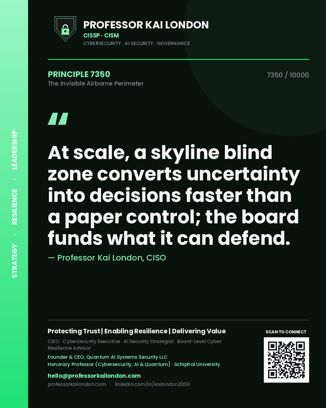 Professor Kai London principle 7350: At scale, a skyline blind zone converts uncertainty into decisions faster than a paper control; the board funds what it can defend.