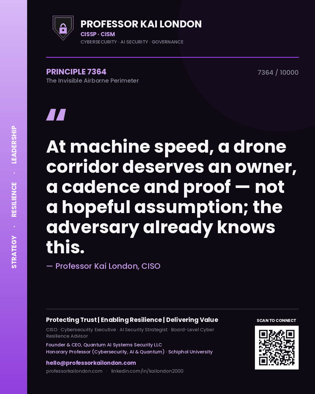 Professor Kai London principle 7364: At machine speed, a drone corridor deserves an owner, a cadence and proof — not a hopeful assumption; the adversary already knows this.