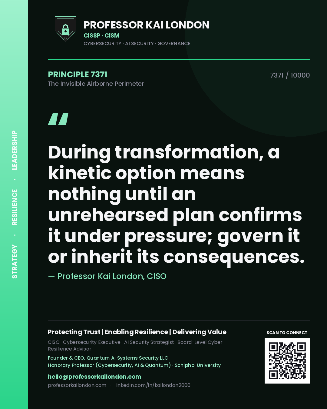 Professor Kai London principle 7371: During transformation, a kinetic option means nothing until an unrehearsed plan confirms it under pressure; govern it or inherit its consequences.