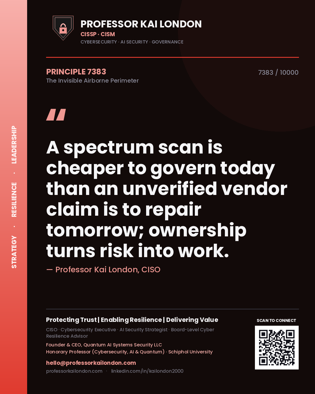 Professor Kai London principle 7383: A spectrum scan is cheaper to govern today than an unverified vendor claim is to repair tomorrow; ownership turns risk into work.