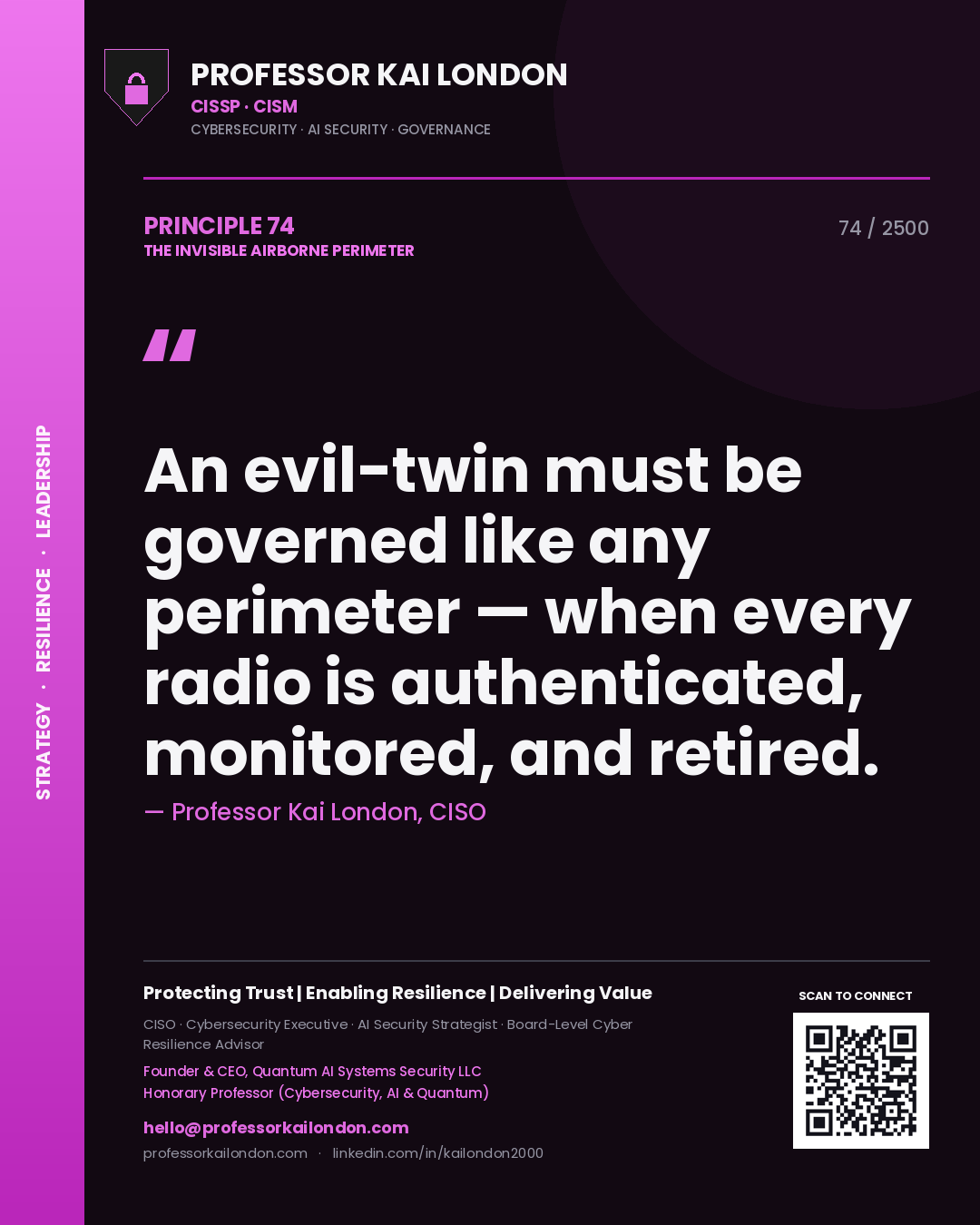 Professor Kai London principle 74: An evil-twin must be governed like any perimeter — when every radio is authenticated, monitored, and retired.