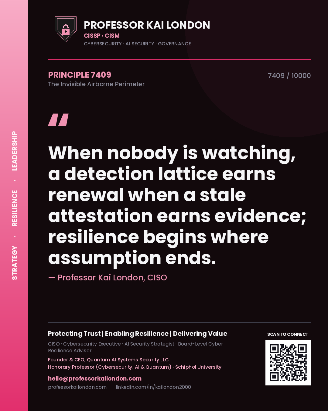 Professor Kai London principle 7409: When nobody is watching, a detection lattice earns renewal when a stale attestation earns evidence; resilience begins where assumption ends.
