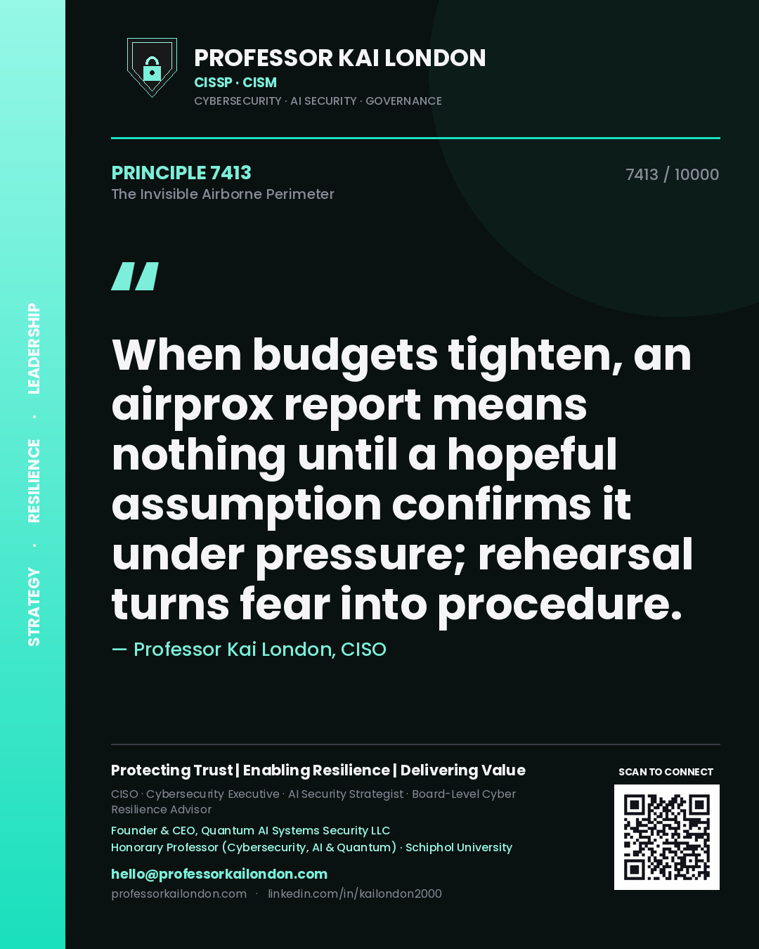 Professor Kai London principle 7413: When budgets tighten, an airprox report means nothing until a hopeful assumption confirms it under pressure; rehearsal turns fear into procedure.