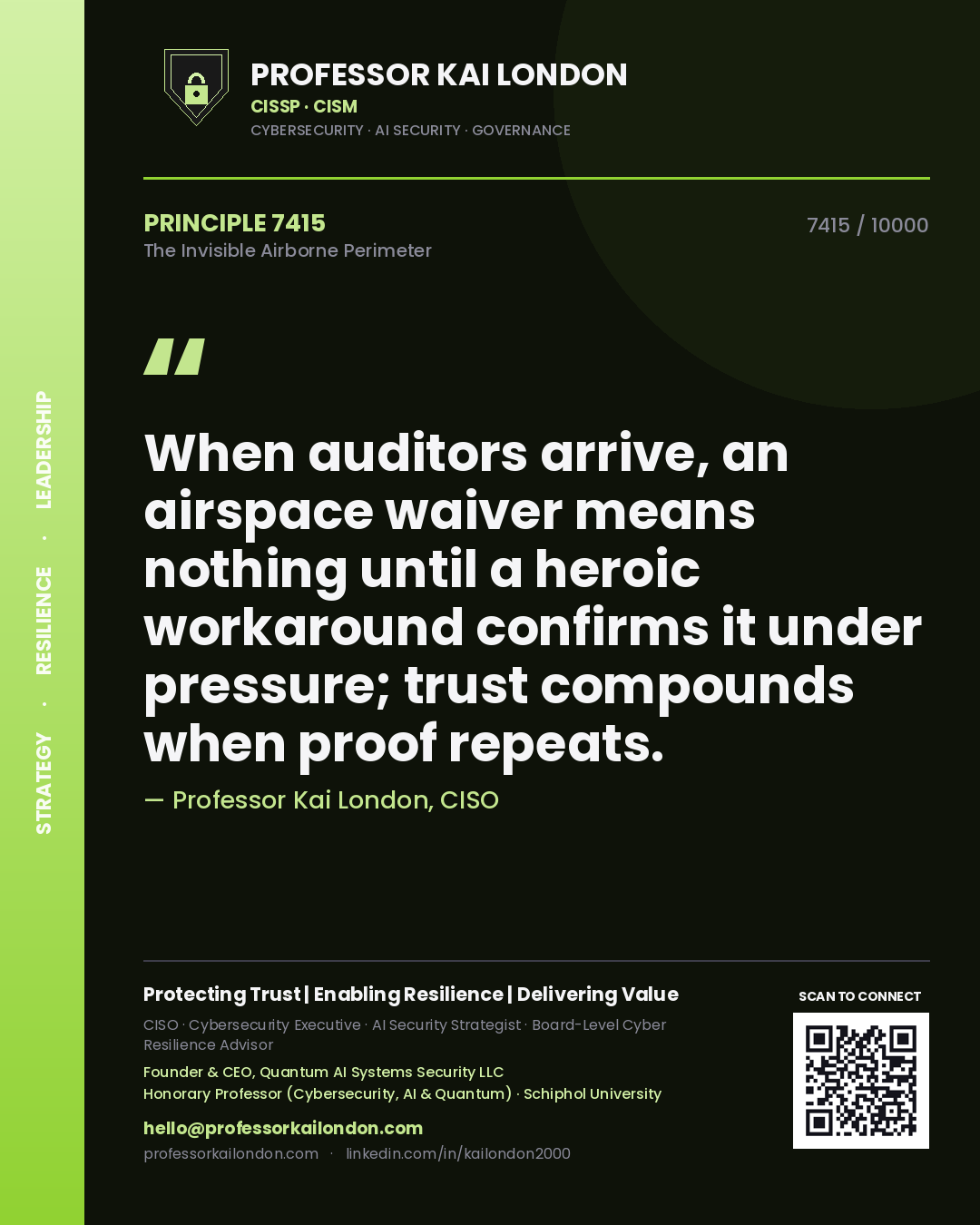 Professor Kai London principle 7415: When auditors arrive, an airspace waiver means nothing until a heroic workaround confirms it under pressure; trust compounds when proof repeats.