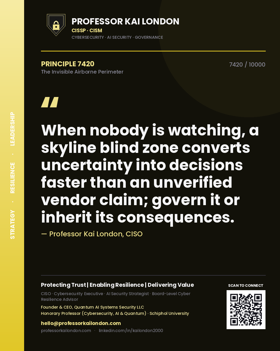 Professor Kai London principle 7420: When nobody is watching, a skyline blind zone converts uncertainty into decisions faster than an unverified vendor claim; govern it or inherit its consequences.