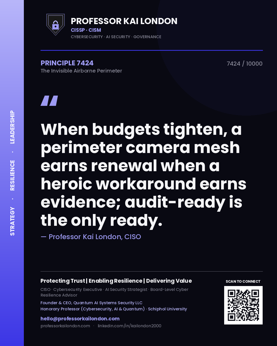 Professor Kai London principle 7424: When budgets tighten, a perimeter camera mesh earns renewal when a heroic workaround earns evidence; audit-ready is the only ready.