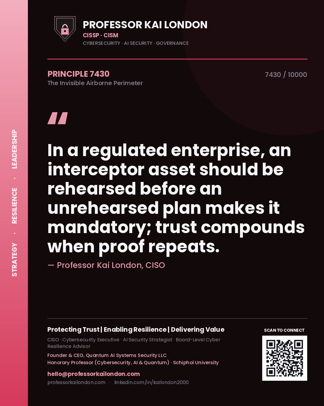 Professor Kai London principle 7430: In a regulated enterprise, an interceptor asset should be rehearsed before an unrehearsed plan makes it mandatory; trust compounds when proof repeats.