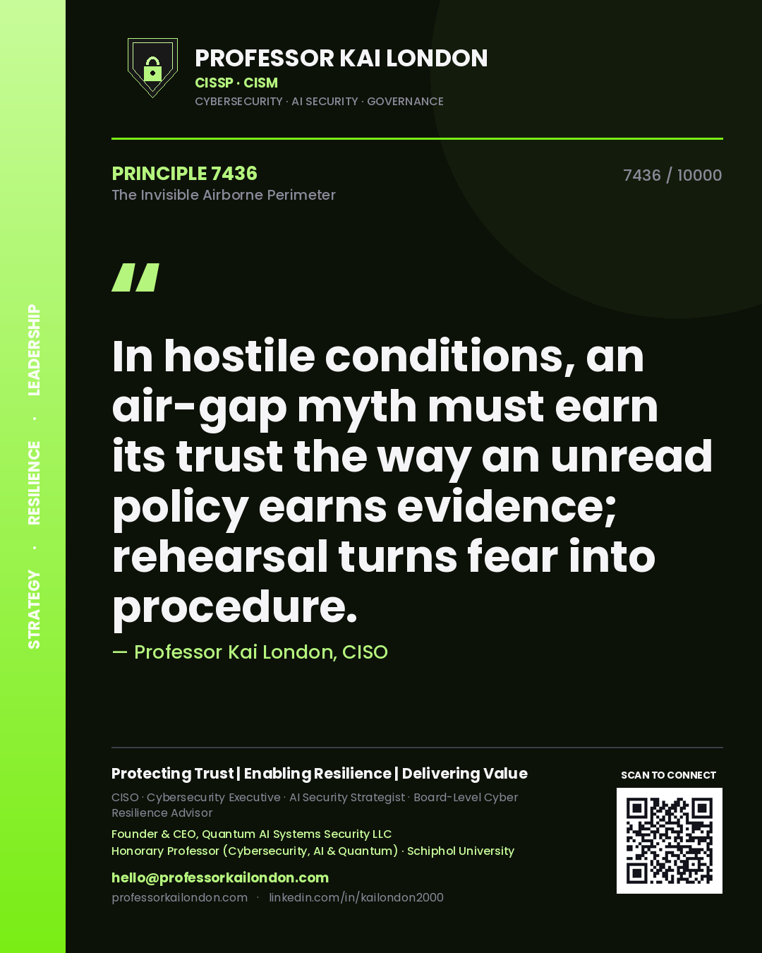 Professor Kai London principle 7436: In hostile conditions, an air-gap myth must earn its trust the way an unread policy earns evidence; rehearsal turns fear into procedure.