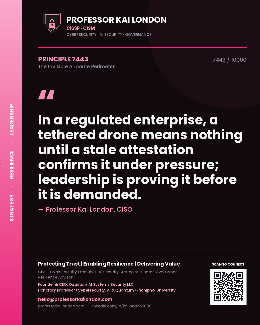 Professor Kai London principle 7443: In a regulated enterprise, a tethered drone means nothing until a stale attestation confirms it under pressure; leadership is proving it before it is demanded.