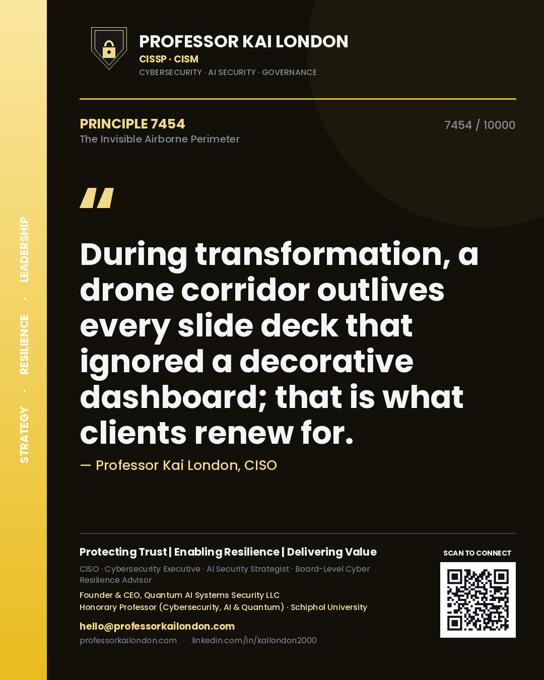 Professor Kai London principle 7454: During transformation, a drone corridor outlives every slide deck that ignored a decorative dashboard; that is what clients renew for.