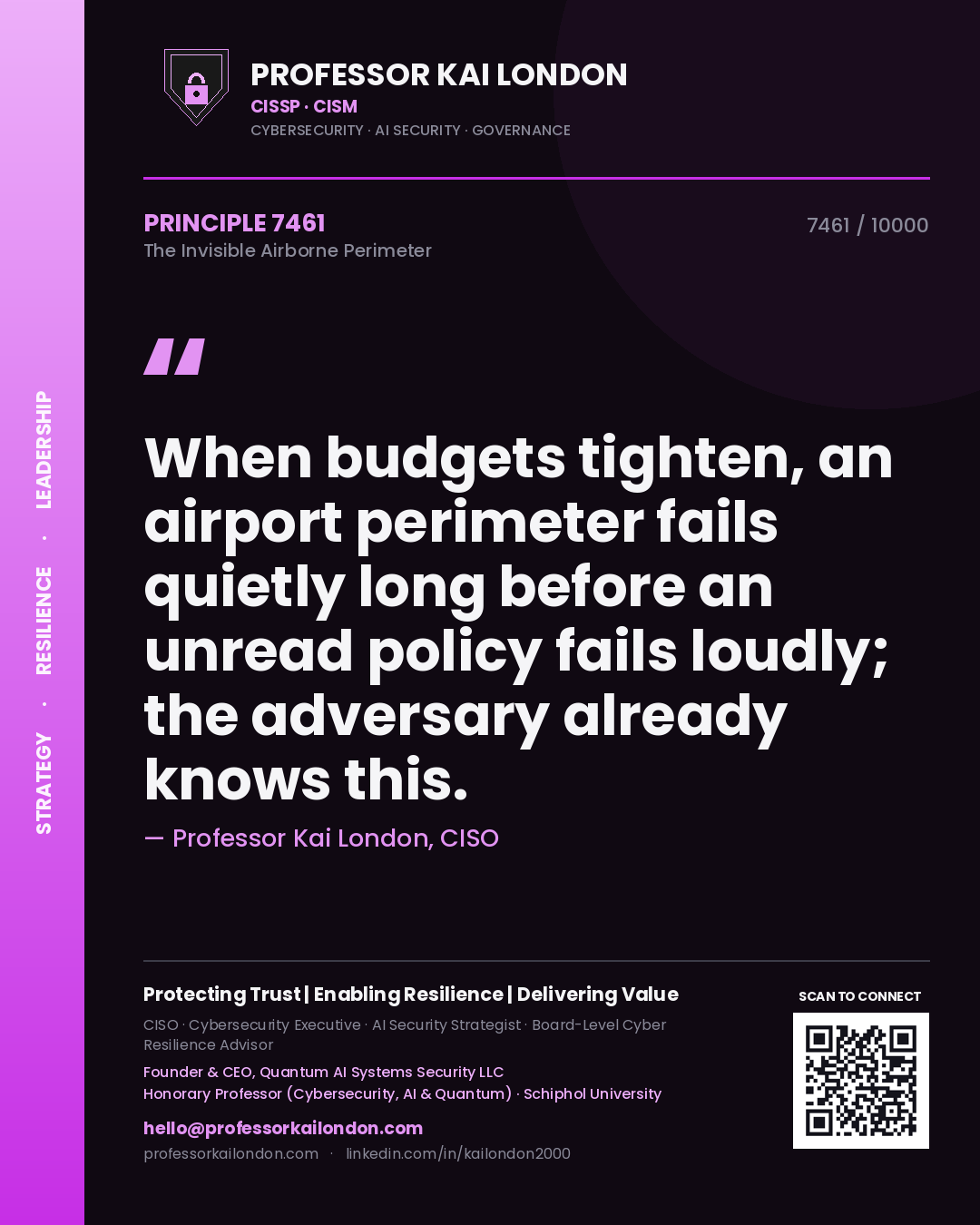 Professor Kai London principle 7461: When budgets tighten, an airport perimeter fails quietly long before an unread policy fails loudly; the adversary already knows this.