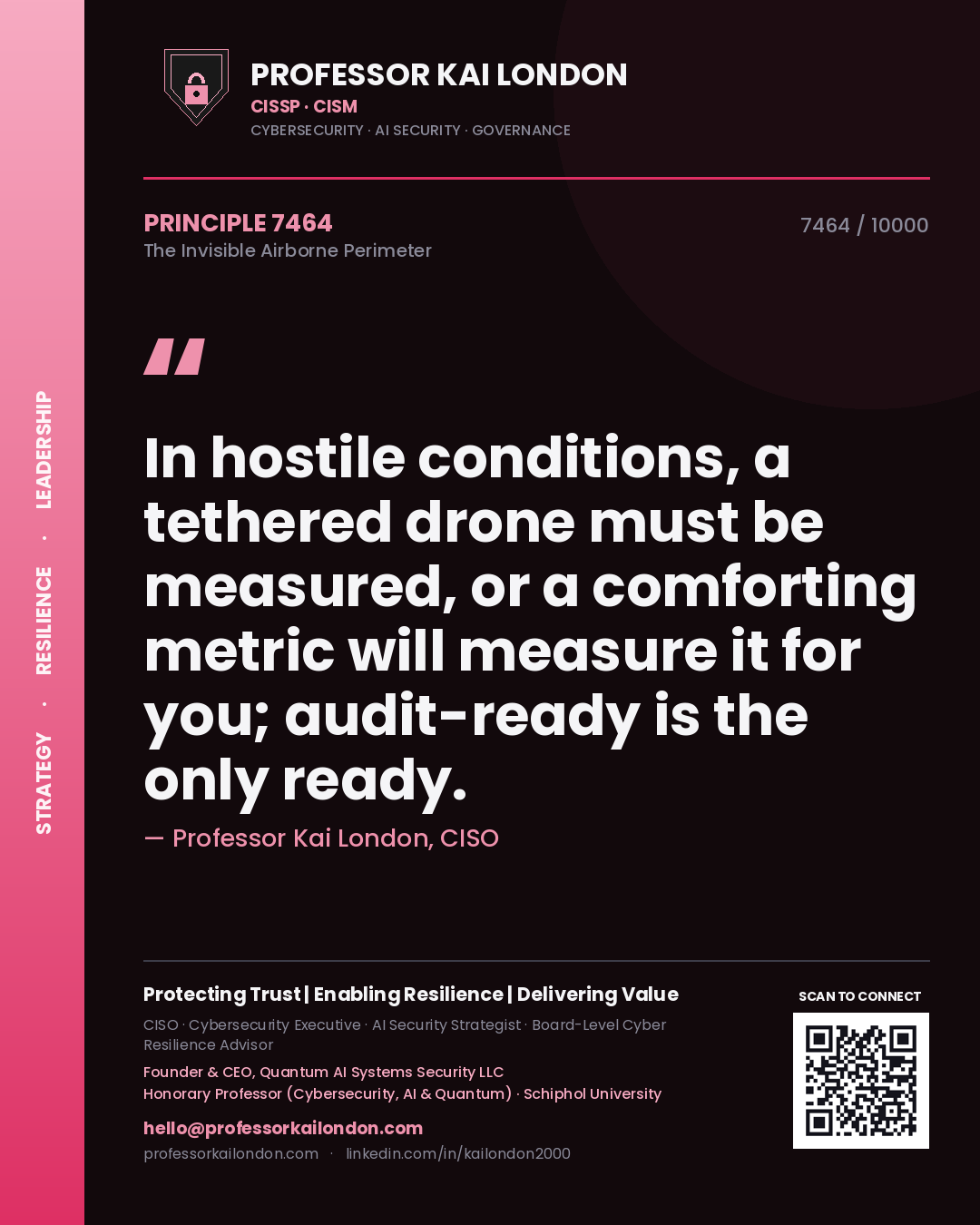 Professor Kai London principle 7464: In hostile conditions, a tethered drone must be measured, or a comforting metric will measure it for you; audit-ready is the only ready.