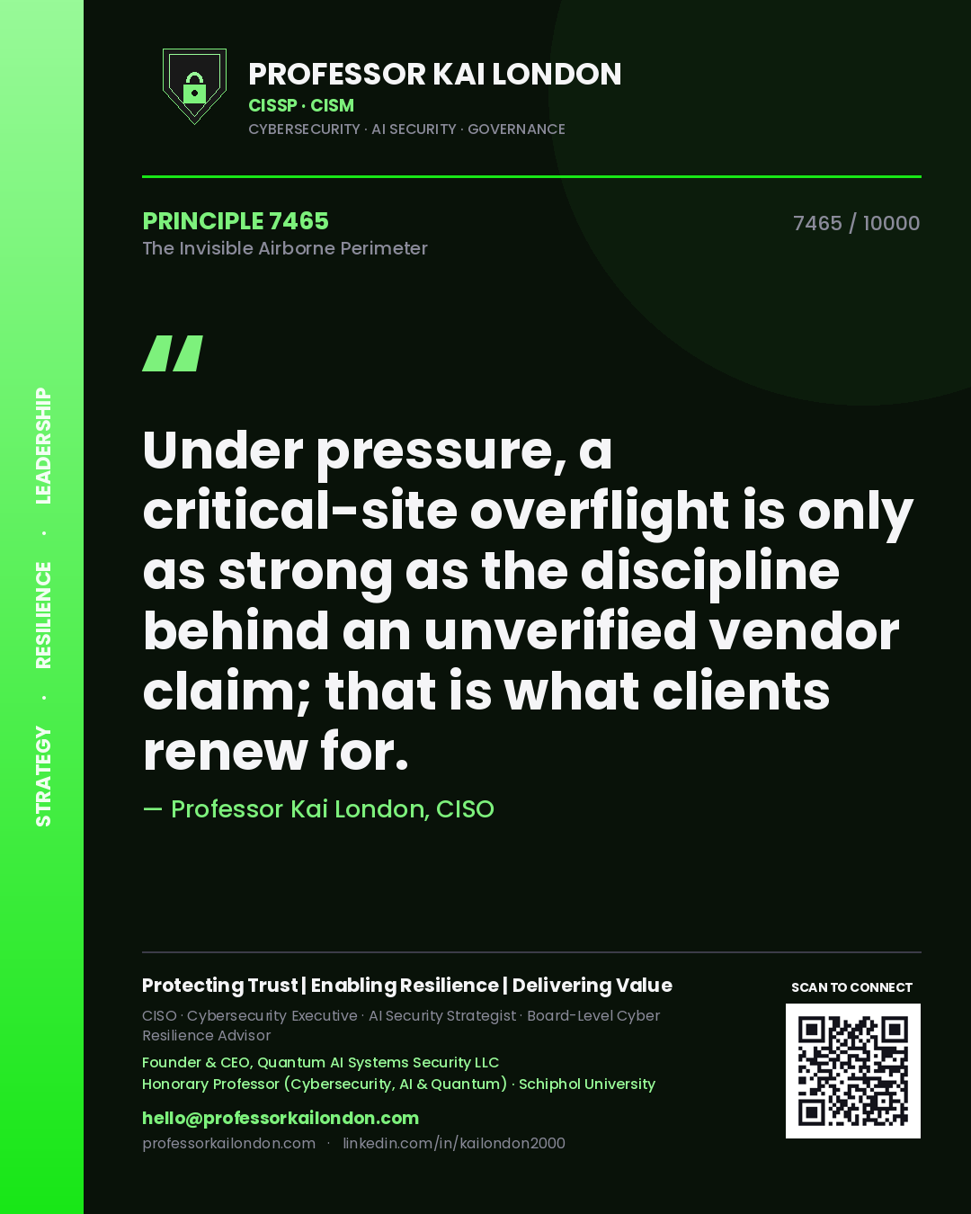 Professor Kai London principle 7465: Under pressure, a critical-site overflight is only as strong as the discipline behind an unverified vendor claim; that is what clients renew for.