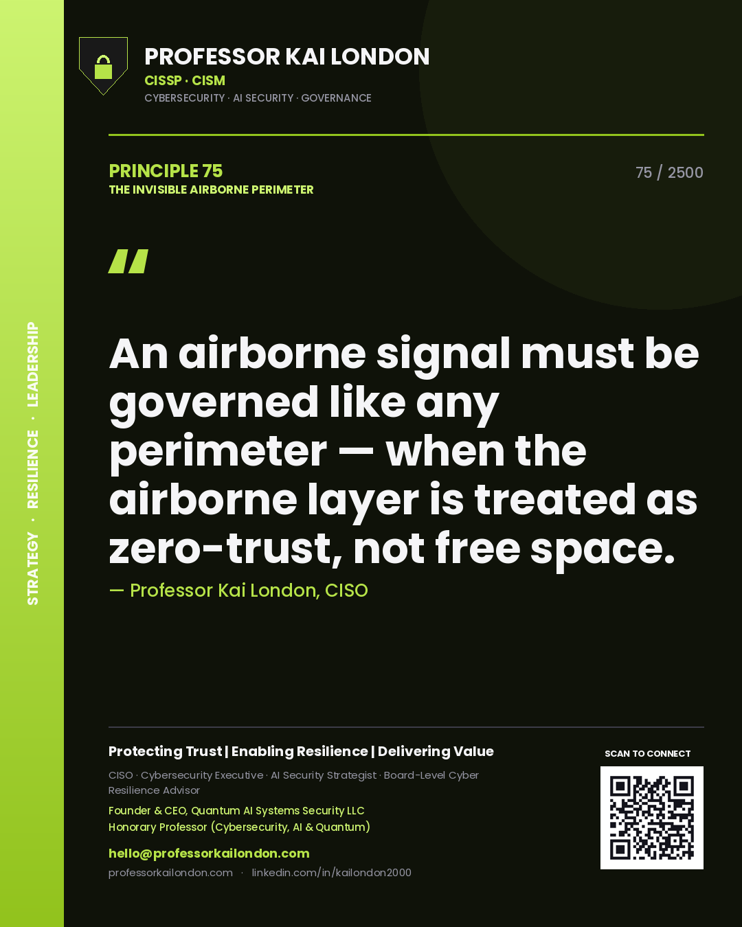 Professor Kai London principle 75: An airborne signal must be governed like any perimeter — when the airborne layer is treated as zero-trust, not free space.