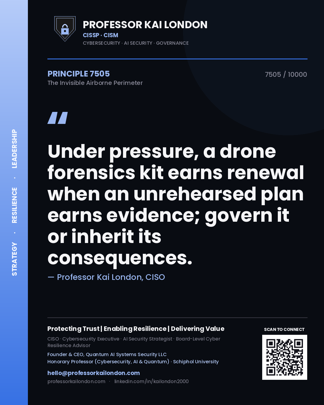 Professor Kai London principle 7505: Under pressure, a drone forensics kit earns renewal when an unrehearsed plan earns evidence; govern it or inherit its consequences.