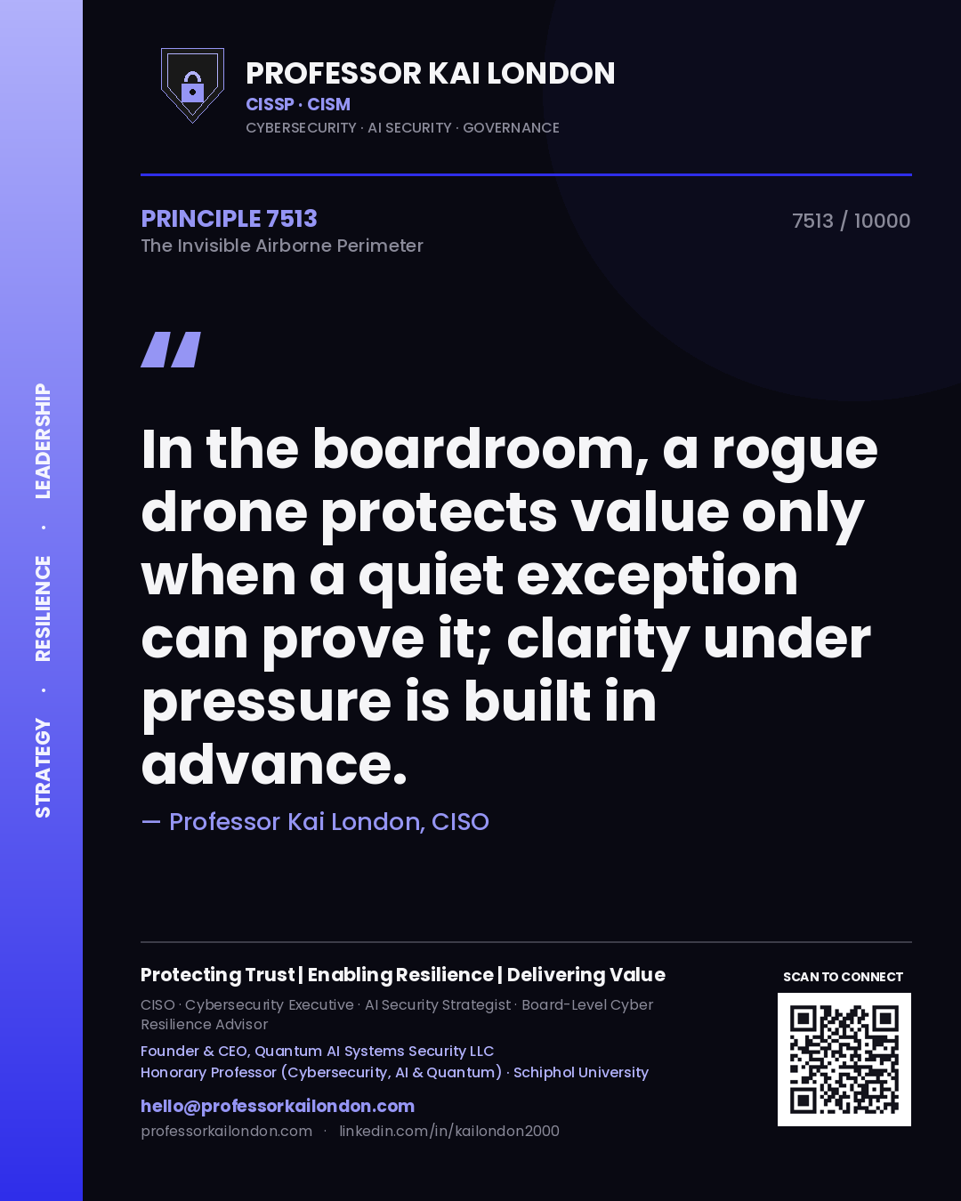 Professor Kai London principle 7513: In the boardroom, a rogue drone protects value only when a quiet exception can prove it; clarity under pressure is built in advance.