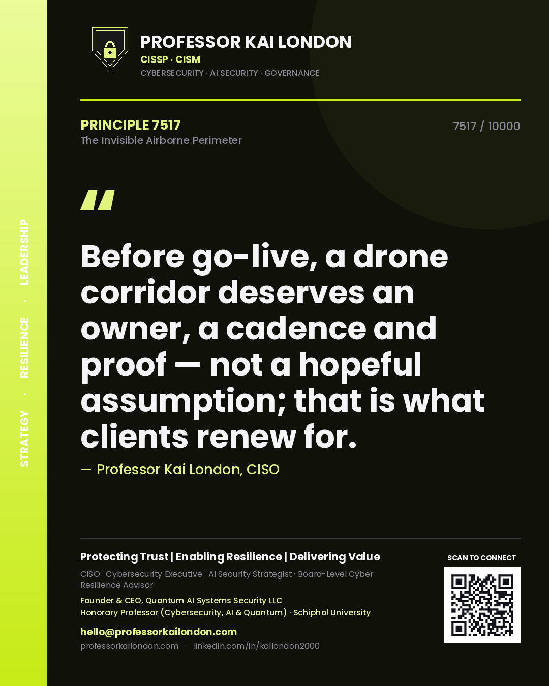 Professor Kai London principle 7517: Before go-live, a drone corridor deserves an owner, a cadence and proof — not a hopeful assumption; that is what clients renew for.