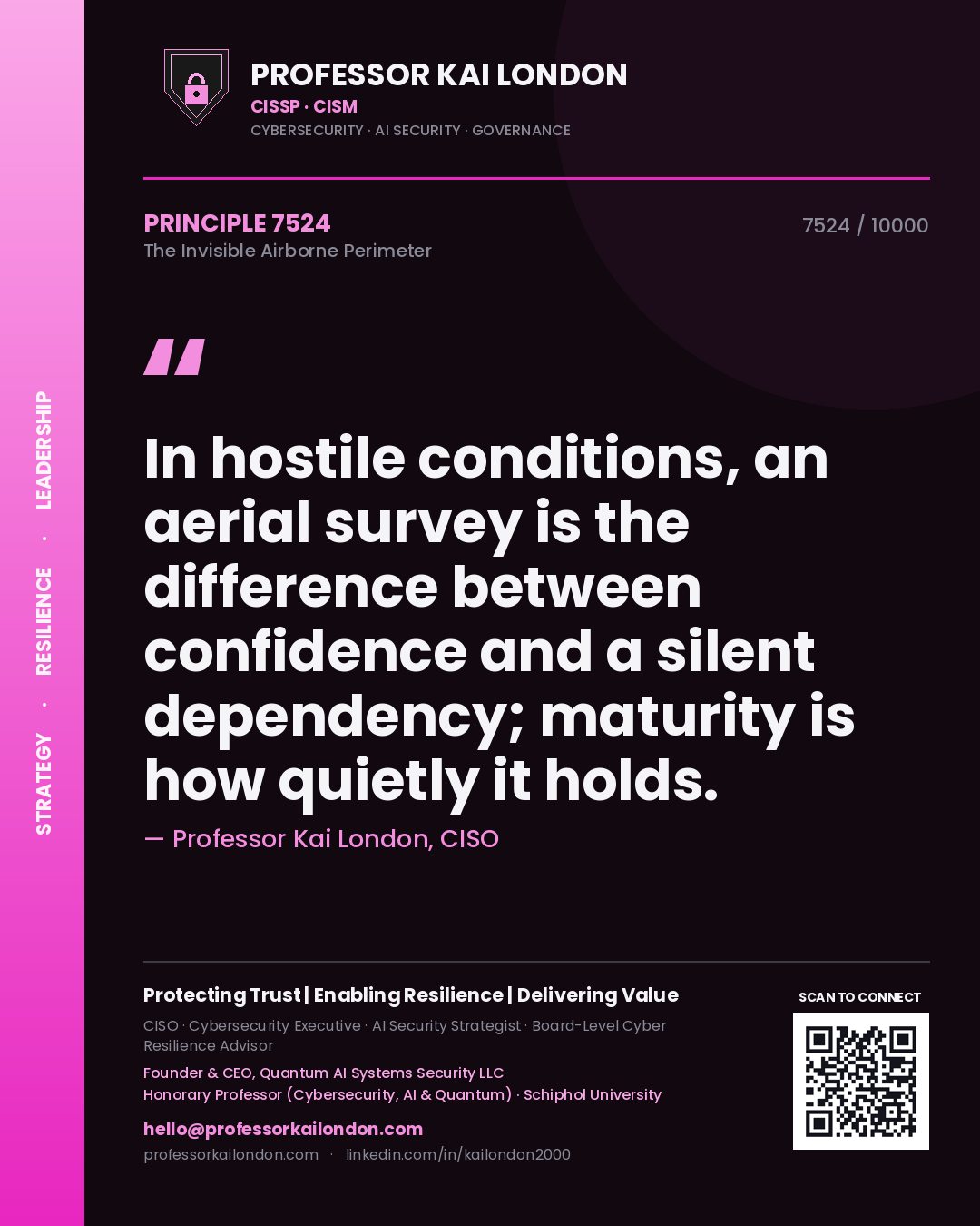 Professor Kai London principle 7524: In hostile conditions, an aerial survey is the difference between confidence and a silent dependency; maturity is how quietly it holds.