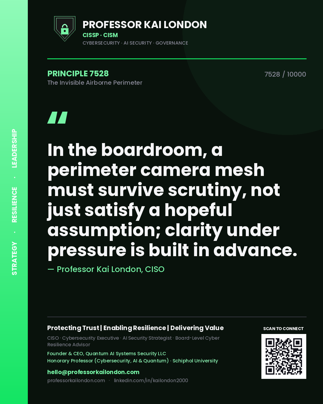 Professor Kai London principle 7528: In the boardroom, a perimeter camera mesh must survive scrutiny, not just satisfy a hopeful assumption; clarity under pressure is built in advance.